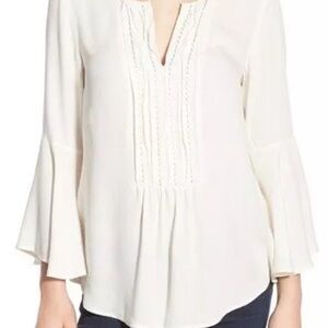 ELLA MOSS Ivory "Stella" Bell Sleeve Top Embroidered Pleated Bib Split Neck Smal